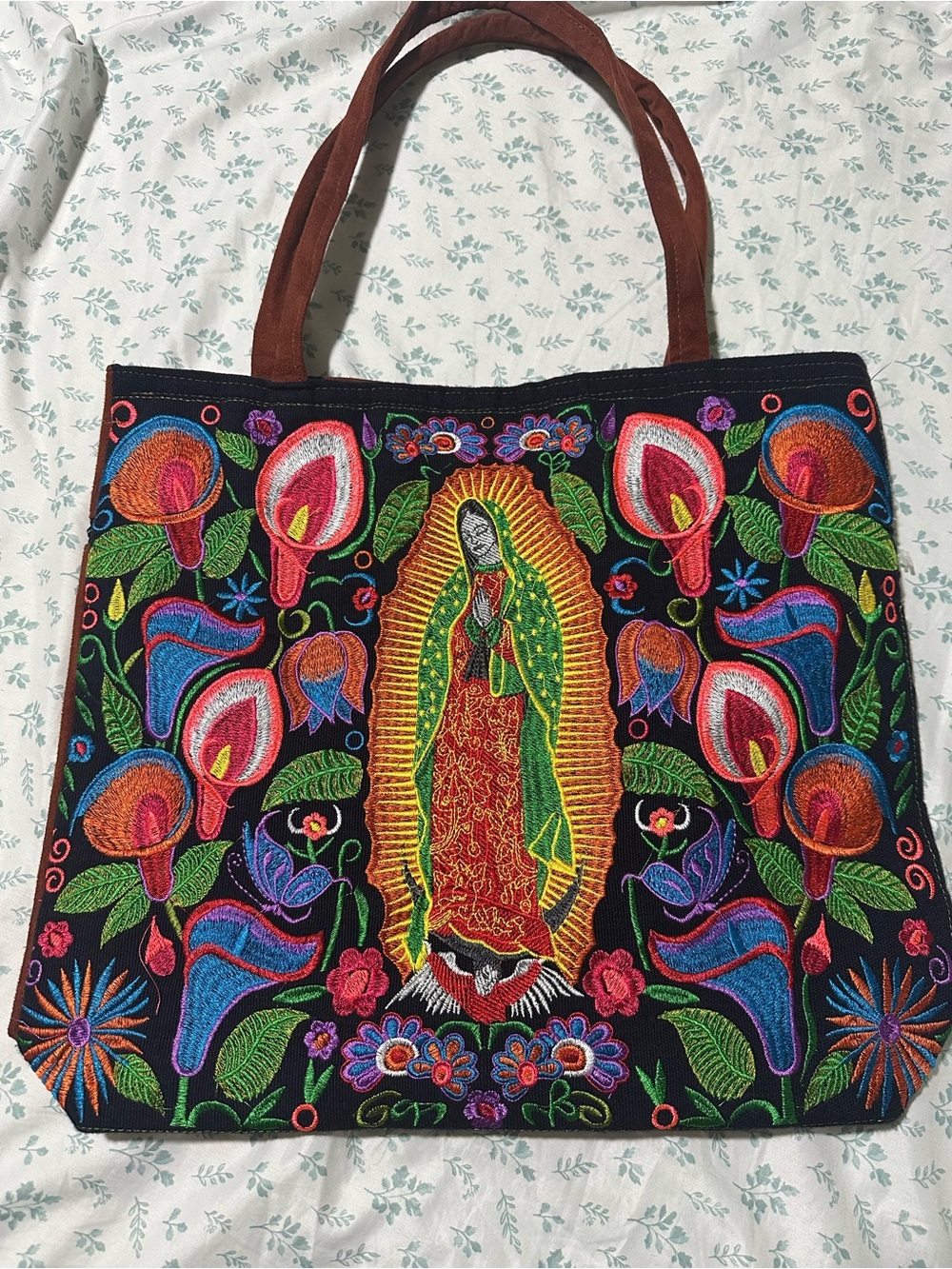 Virgen de Guadalupe Embroidered Tote Bag in Brown with Multicolor Design